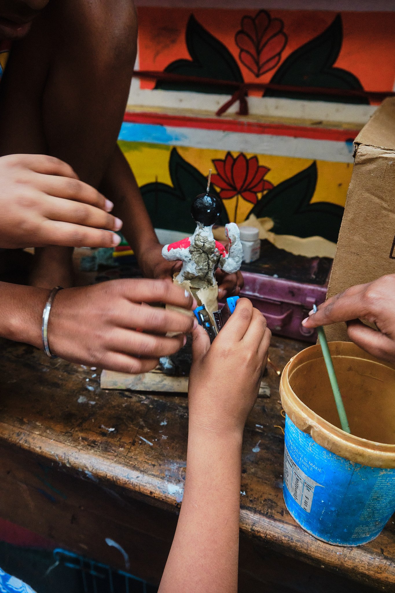 Close-up Unfinished White Clay Sculpture Children Hands Kolkata Street Documentary Graphic Color Contrast
