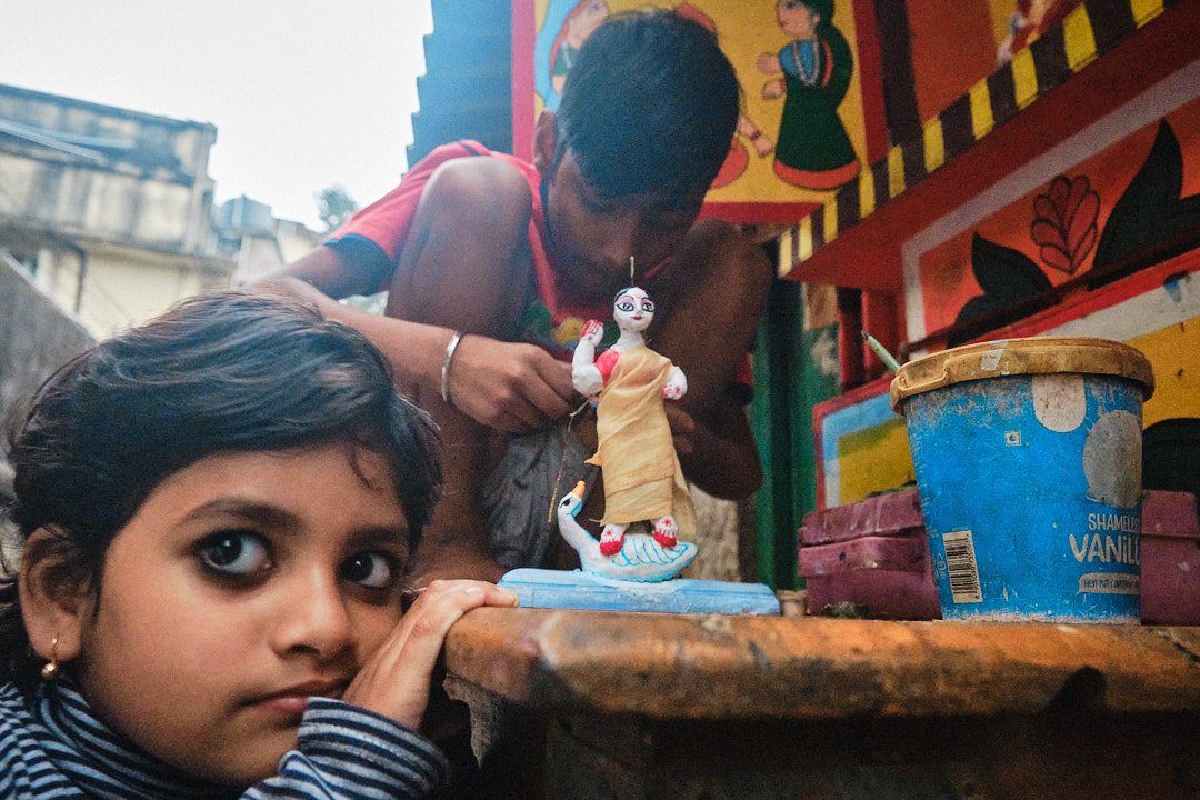 Close-up Children Portrait Clay Sculpture Kolkata Street Documentary