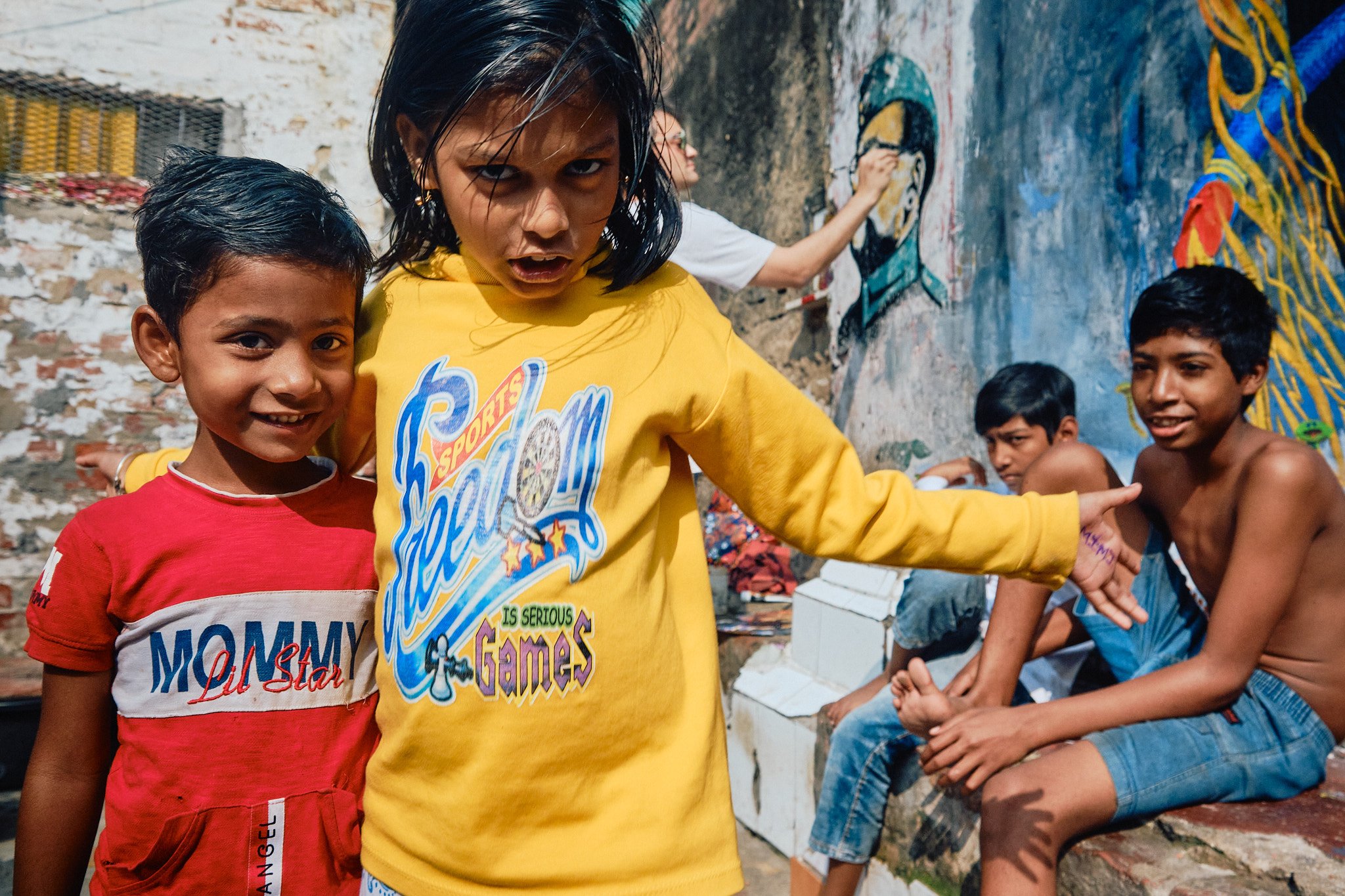 Group Portrait Girl Kolkata India Street Documentary Kali BTS Graphic Color Contrast Playful