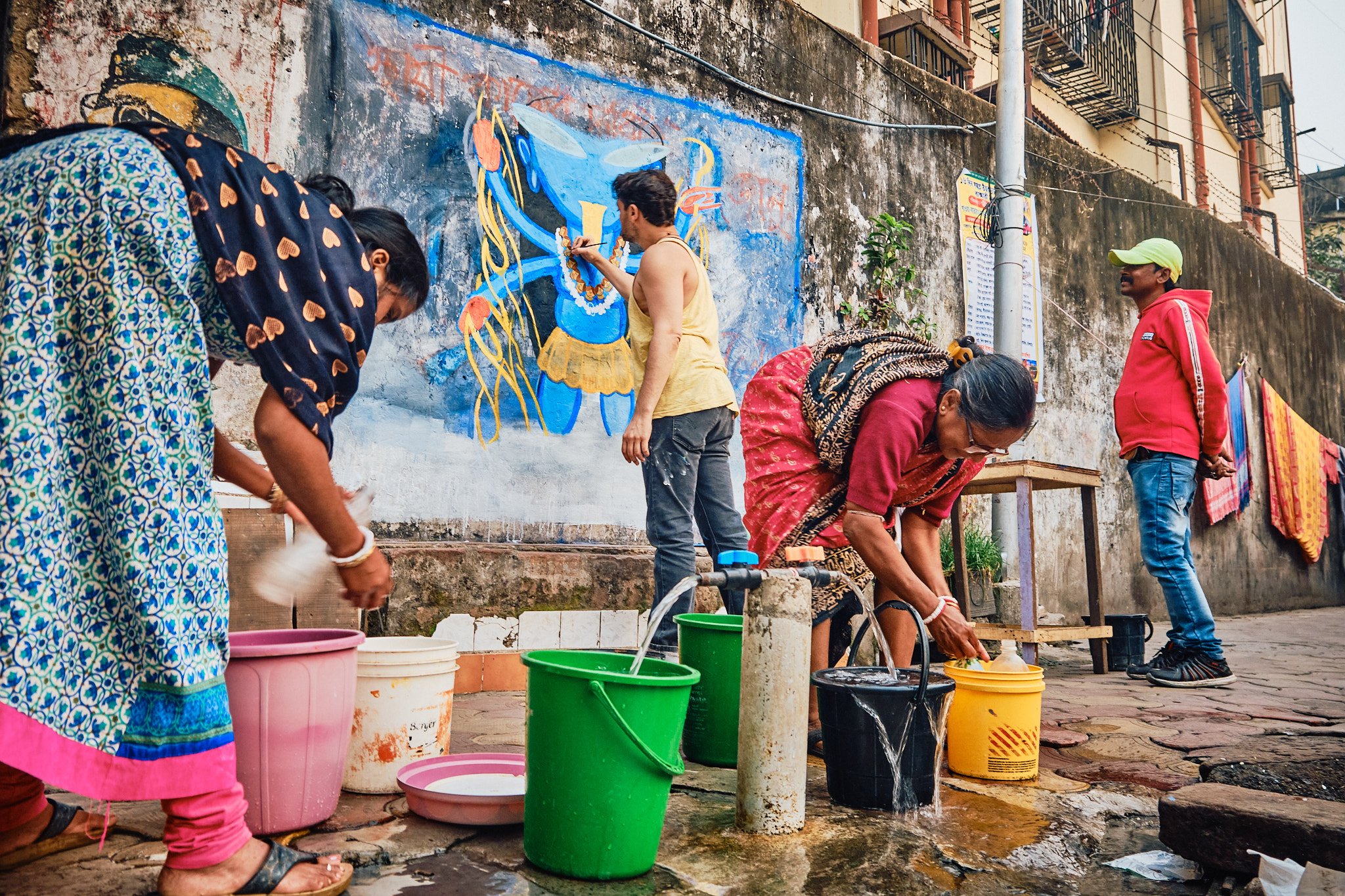 Wall Painting Women Working Water Kolkata India Street Documentary Kali BTS Graphic Color