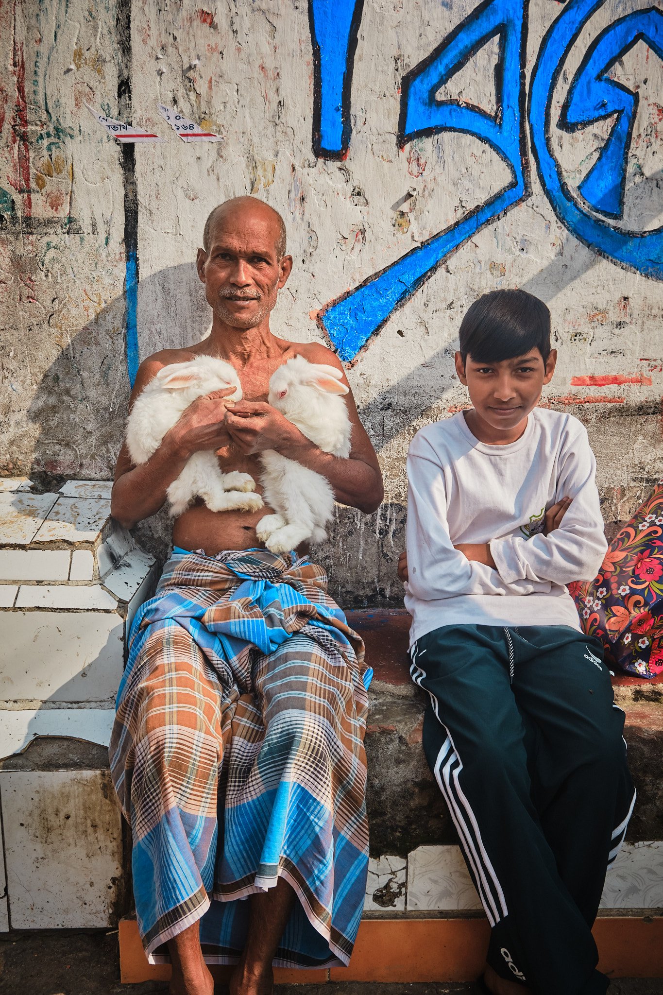 Portrait Boy Grandfather Rabbits Playful Kolkata India Documentary Street