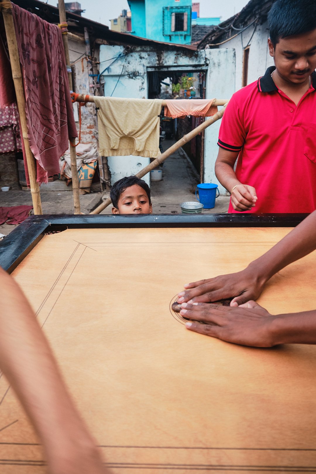 Portrait Boy Eyes Playful Carrom Game Kolkata India Documentary Street